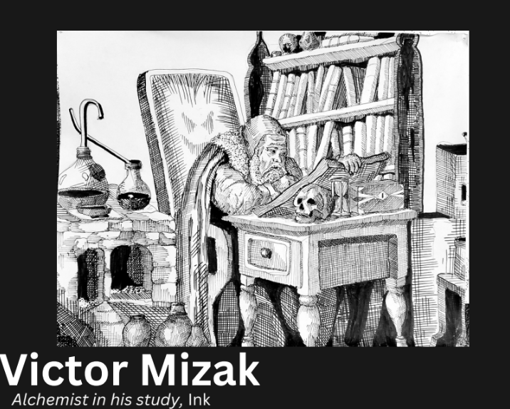Victor Mizak, Alchemist in His Study, Ink