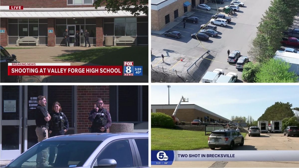 News articles and footage of police responding to gunfire at Valley Forge high school on April 20 and Snowville Plaza on April 24.